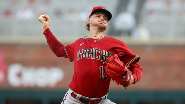 Ryne Nelson pitching against the Braves July 19, 2023